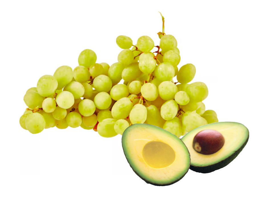 A large bunch of green seedless grapes displayed alongside two halves of a fresh ripe avocado.