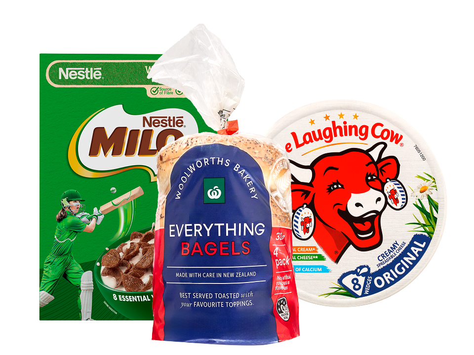 Nestlé Milo Cereal, Woolworths Everything Bagels, and The Laughing Cow Creamy Spreadable Cheese.