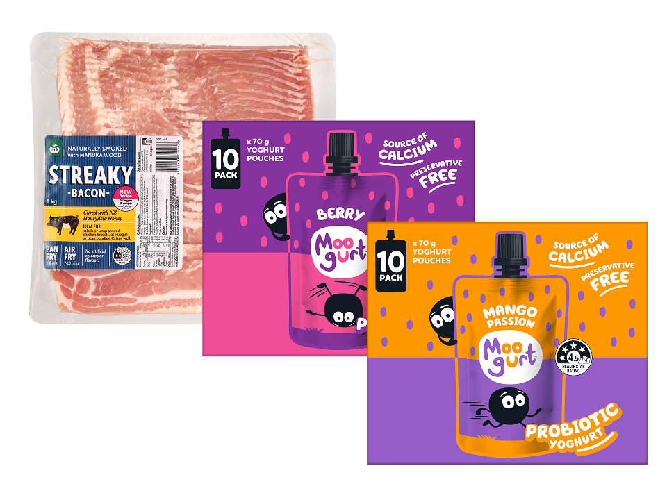Pack of Woolworths Manuka Wood streaky bacon displayed alongside Berry and Mango Passion Moogurt yoghurt pouch 10-packs.