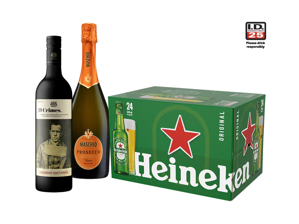 Selection of liquor products including 19 Crimes Cabernet Sauvignon, Maschio Prosecco, and a Heineken 24-pack.