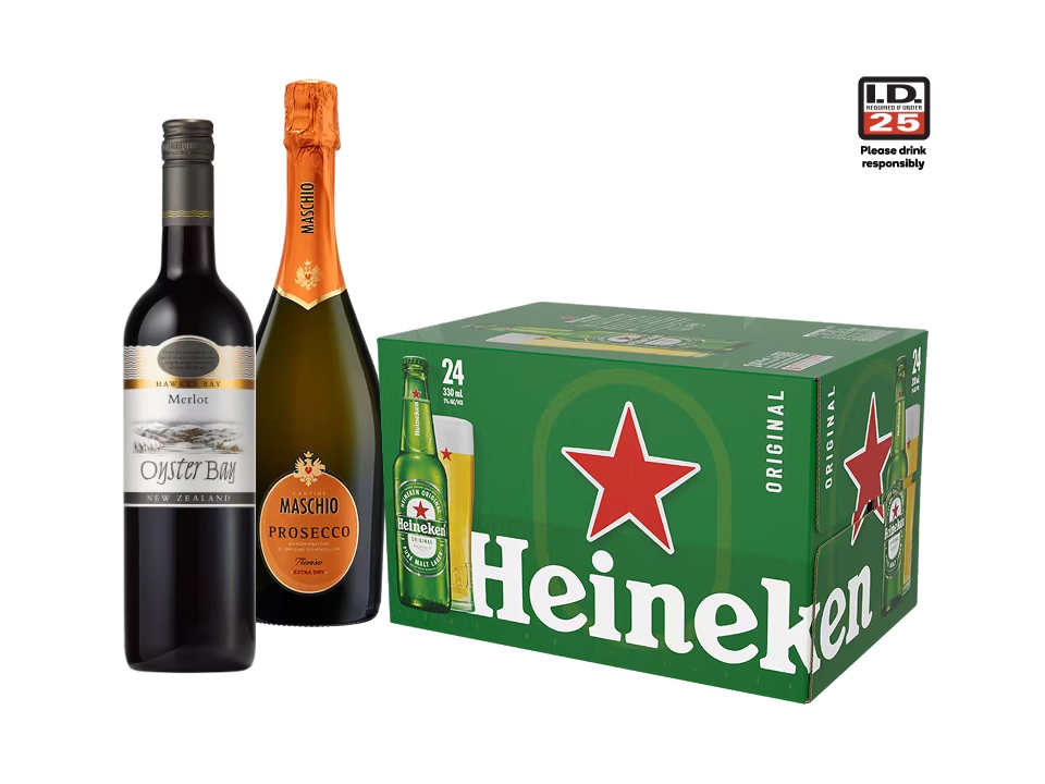 Selection of liquor products including Oyster Bay Merlot, Maschio Prosecco, and a Heineken 24-pack.