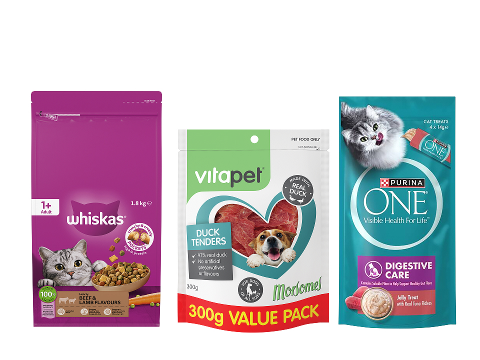 A purple bag of Whiskas dry cat food, a pack of Vitapet Duck Tenders dog treats, and a pouch of Purina One cat treats displayed side by side.