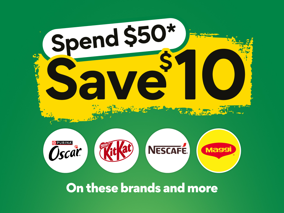 Spend $50, Save $10 on Purina, KitKat, Nescafé, Maggi, and more.