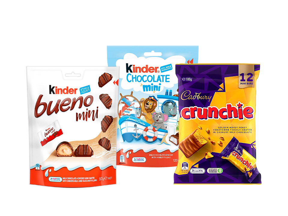 Selection of mini chocolates including Kinder Bueno Mini, Kinder Chocolate Mini, and Cadbury Crunchie 12 Mini Bars.
