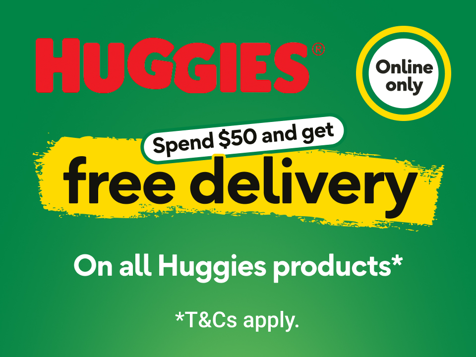 Green banner offering free delivery on all Huggies products when spending $50 or more, alongside Huggies nappies and wipes.