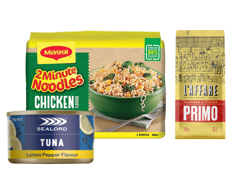 "Pantry Specials" tile displaying a pack of Maggi Chicken 2 Minute Noodles, a can of Sealord Lemon Pepper Tuna, and a bag of L'affare Primo coffee.