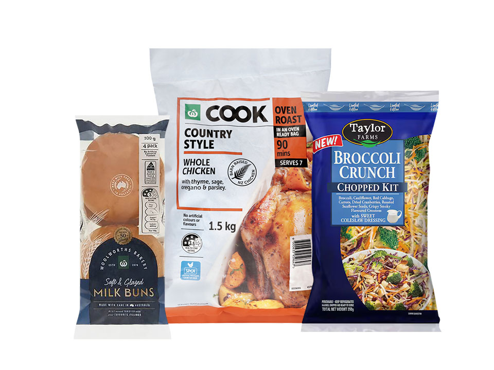 "MIGHTY MEAT WEEK" promotional tile showing a pack of milk buns, a bag of Woolworths Cook Country Style whole roast chicken, and a Taylor Farms Broccoli Crunch salad kit.