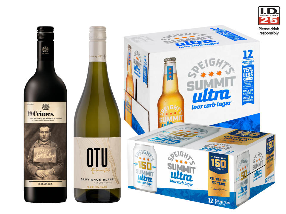Bottles of 19 Crimes Shiraz and OTU Sauvignon Blanc wine alongside 12-packs of Speight's Summit Ultra low carb lager bottles and cans.