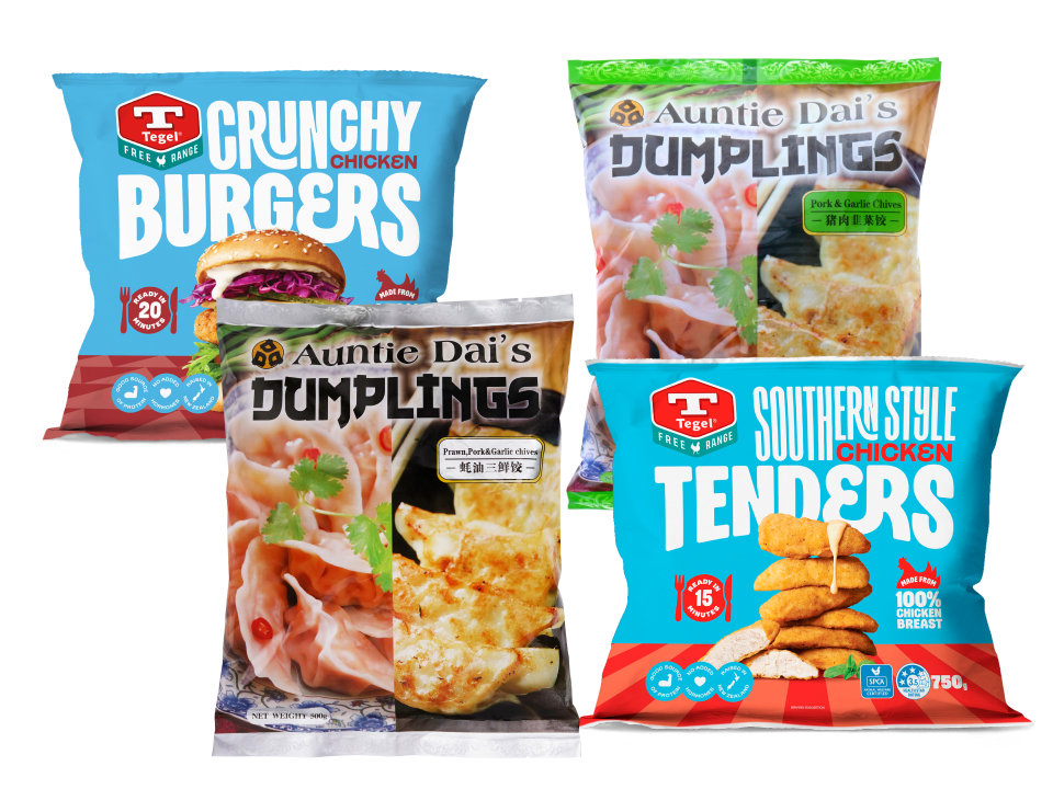 Frozen specials featuring Tegel free-range chicken burgers and tenders alongside packets of Auntie Dai's dumplings.
