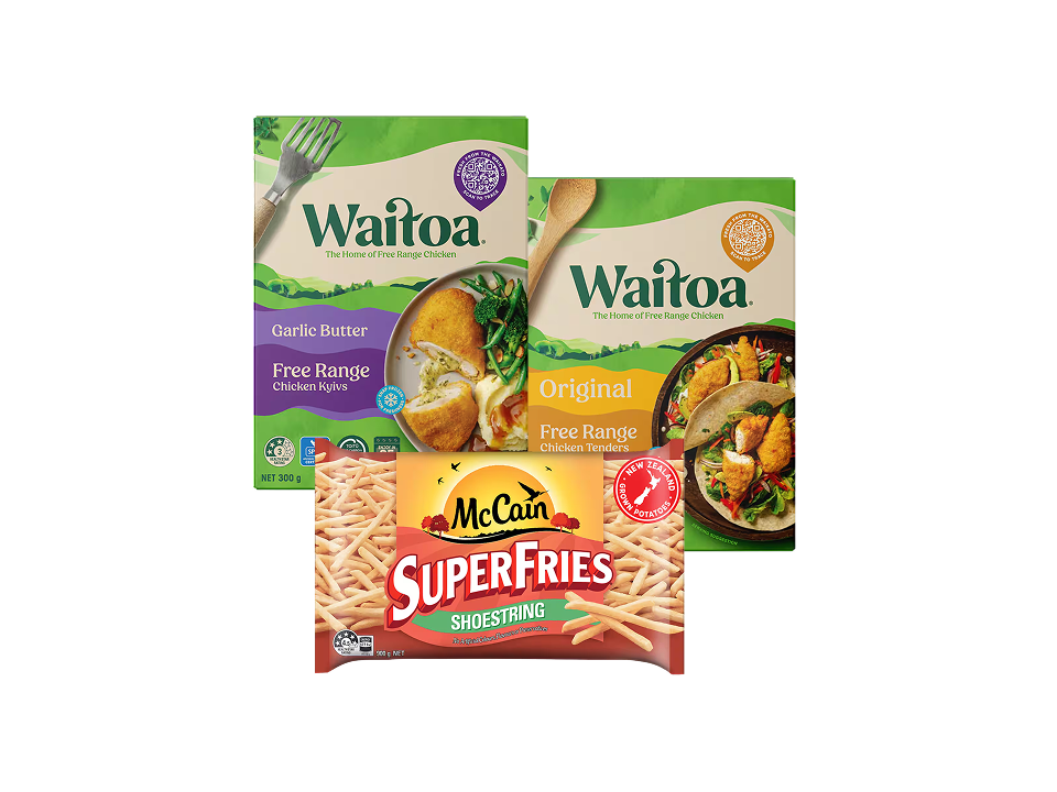 Selection of frozen foods including Waitoa Free Range Chicken Kyivs and Tenders, alongside McCain Superfries Shoestring fries