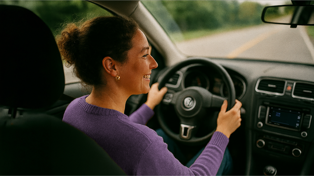 A happy person behind the wheel a car while on a road trip