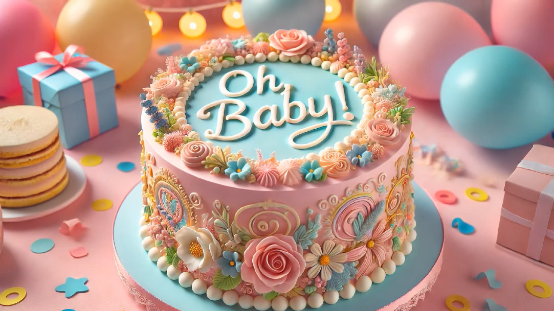 An ornate cake for a baby shower