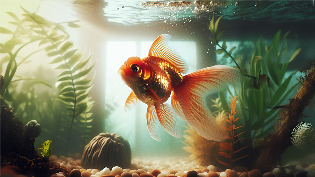 A goldfish swims in a home aquarium after their pet parent changed the water
