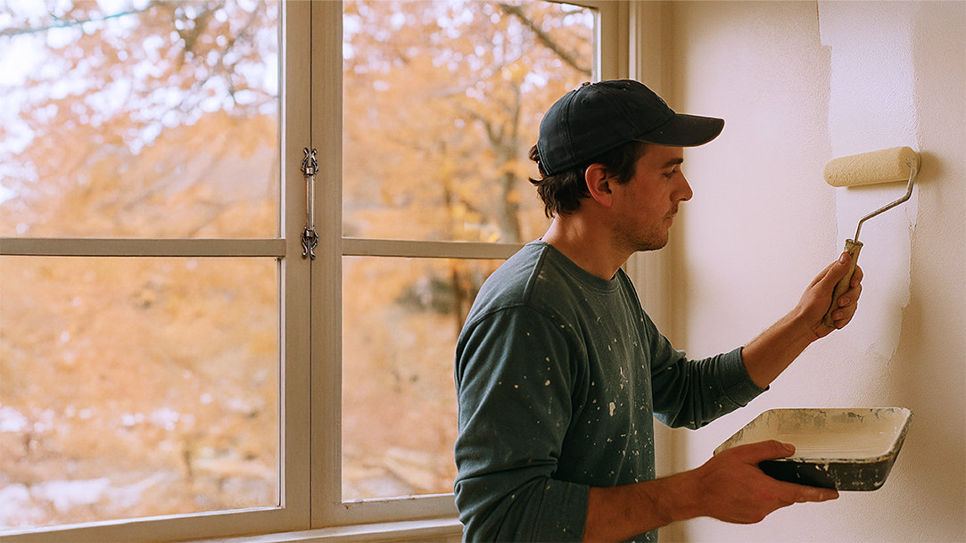A man painting a wall during the fall season after using Copilot as an AI planner to map out the steps of his DIY project