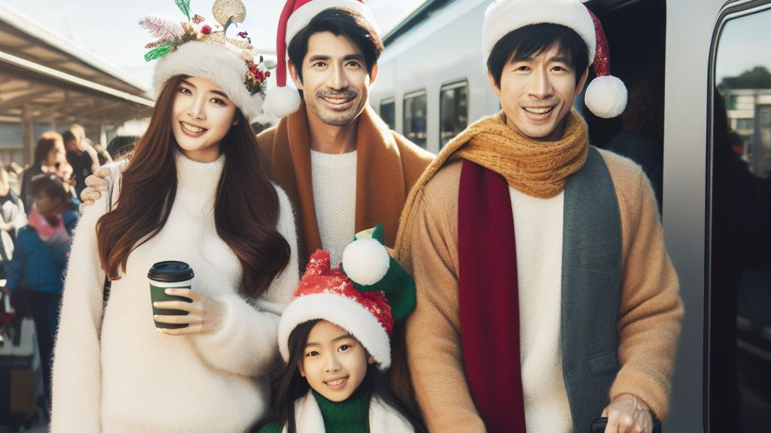 A family travelling by train for the holidays