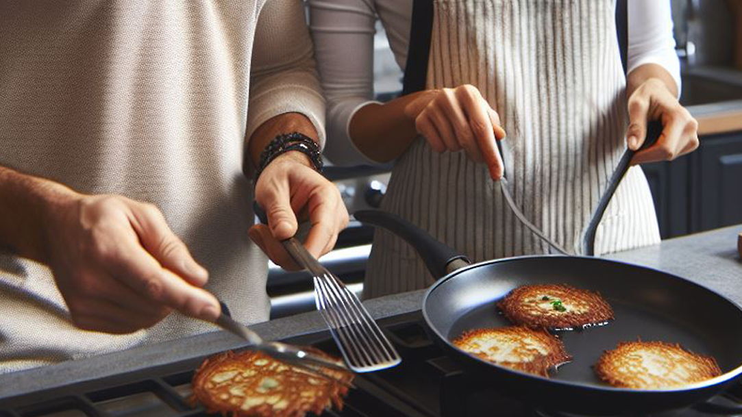 Two people making latkes in a kitchen