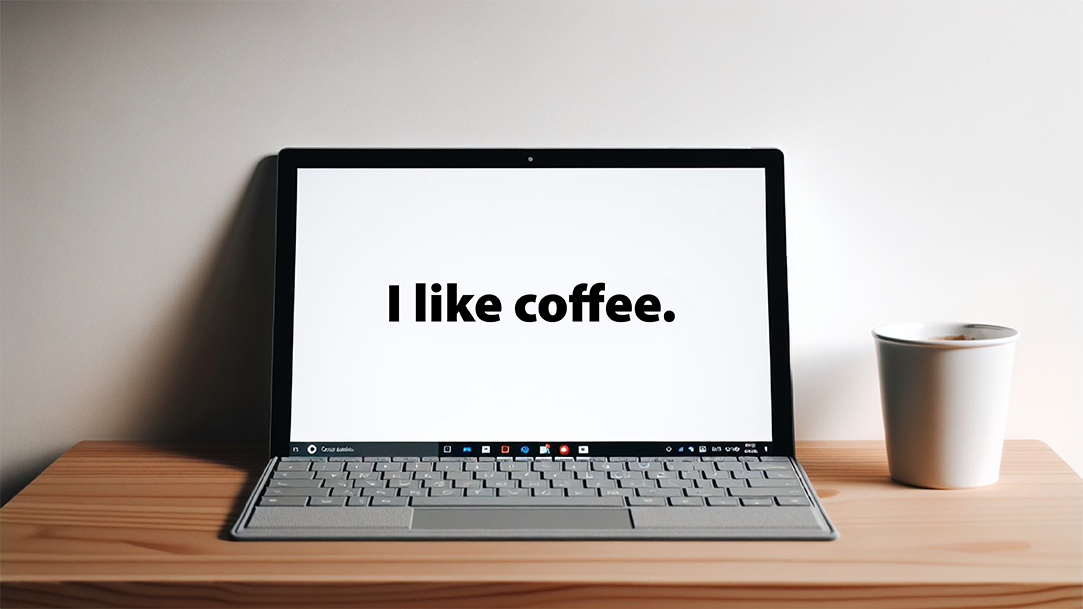 A Surface Laptop screen with the sentence “I like coffee” typed out in sans serif font, showcasing Copilot features, with the laptop sitting on a wooden desk next to a white paper cup