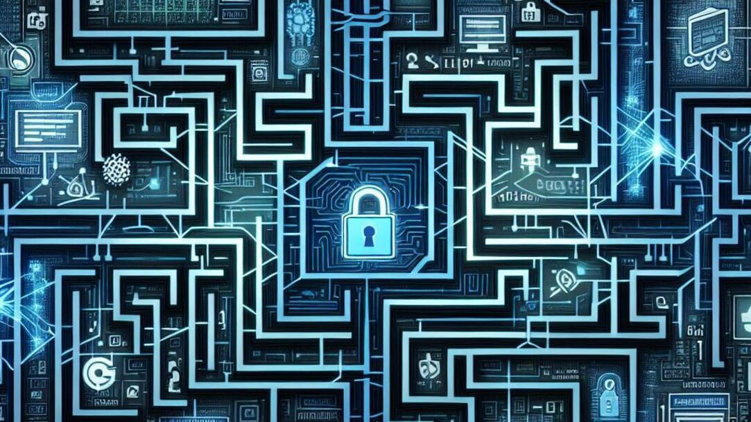 A glowing blue padlock sits at the center of a cyber-themed maze