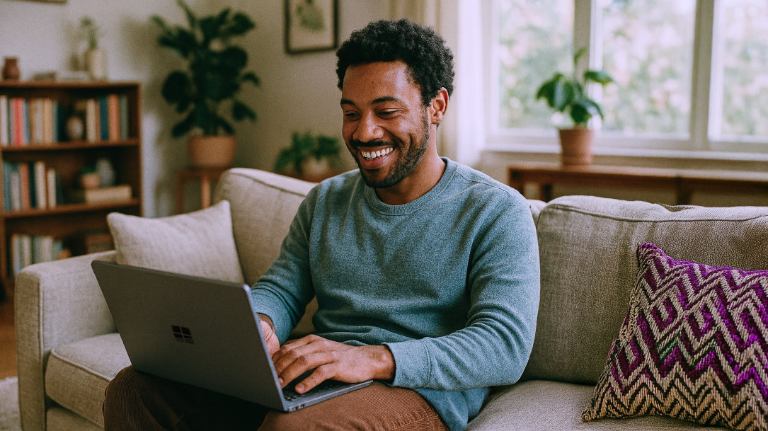 A happy person chatting with Copilot on a Surface laptop in their living room