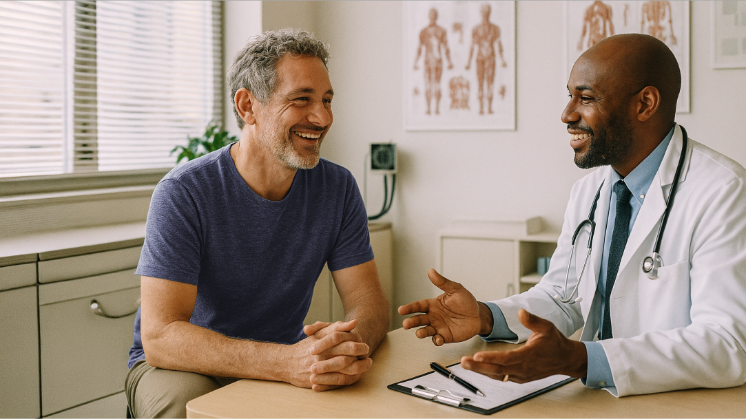 A patient and a doctor talking in an examination room