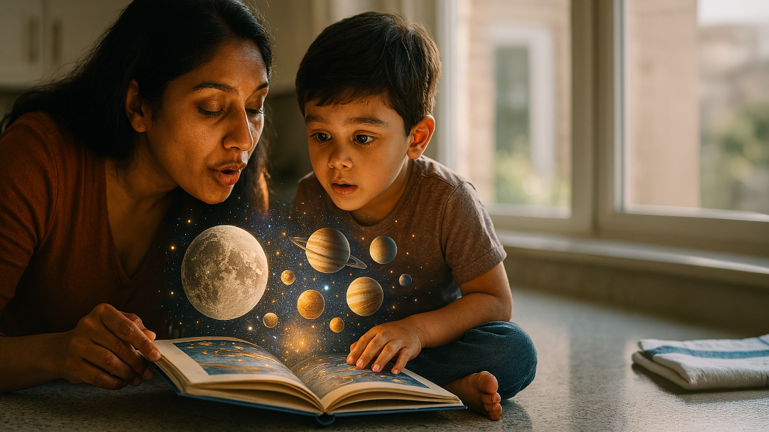 A parent and child are smiling while reading a book together, and magical creatures appear to be emanating from the book’s pages