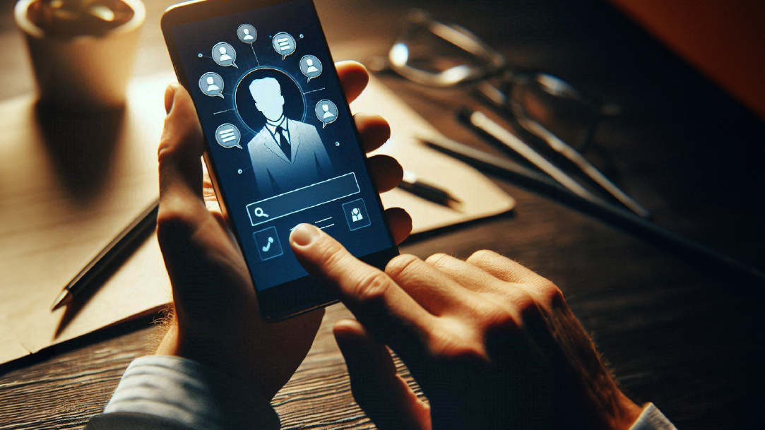 A phone screen shows the silhouette of a person with several speech bubbles around their head