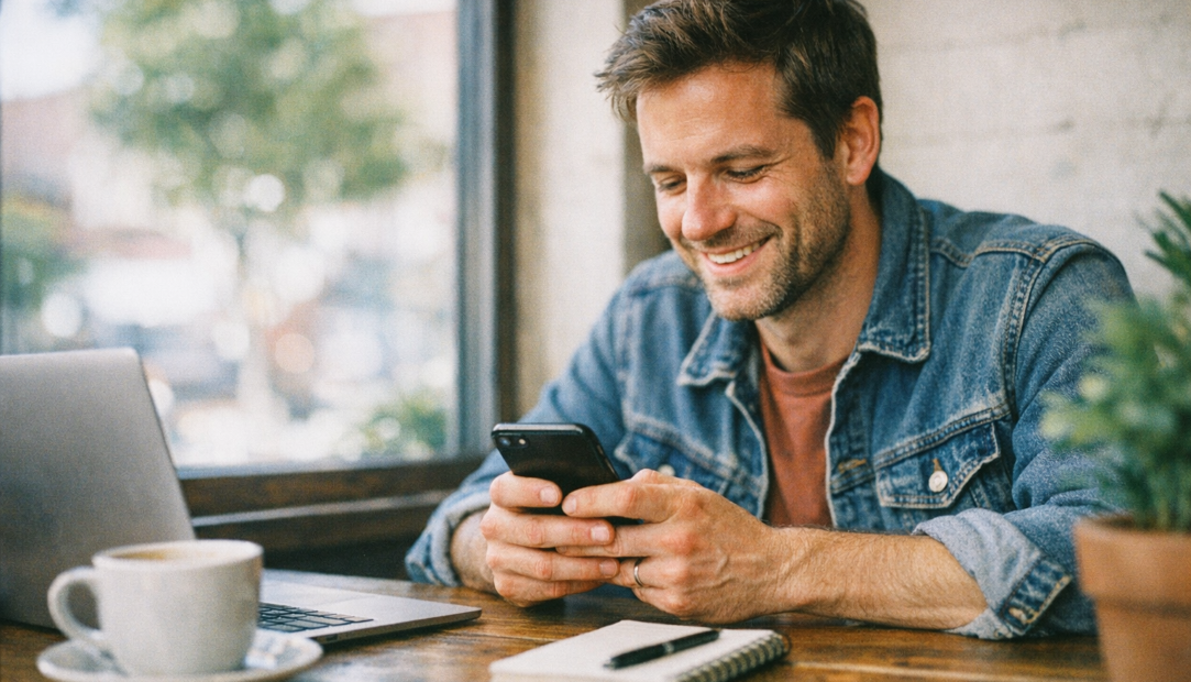 A happy person using an AI email writer to send emails at a cafe