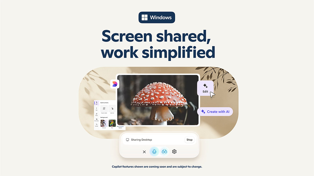Copilot on Windows AI assistant showing screen sharing with a mushroom photo and AI editing options