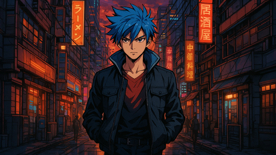 A blue-haired hero walking down a city street