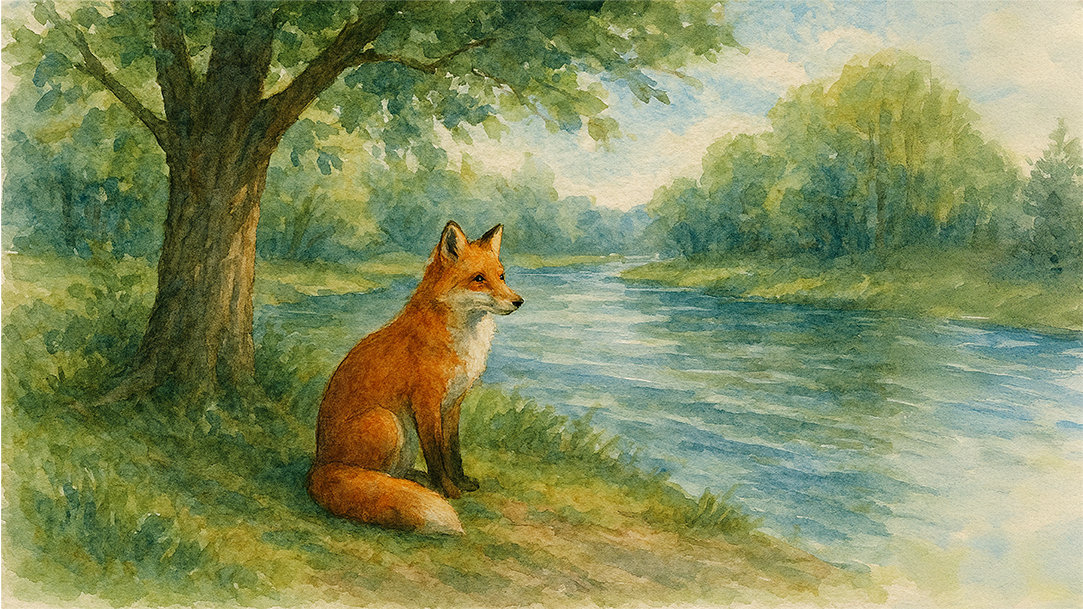 Watercolor style image of a fox sitting under a tree by the river