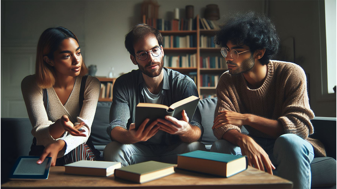 Three friends in a book club discussing their latest read for the month in a living room with books on the coffee table