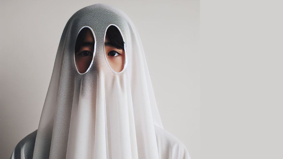 A person wearing a white sheet with eye holes cut out for a ghost costume