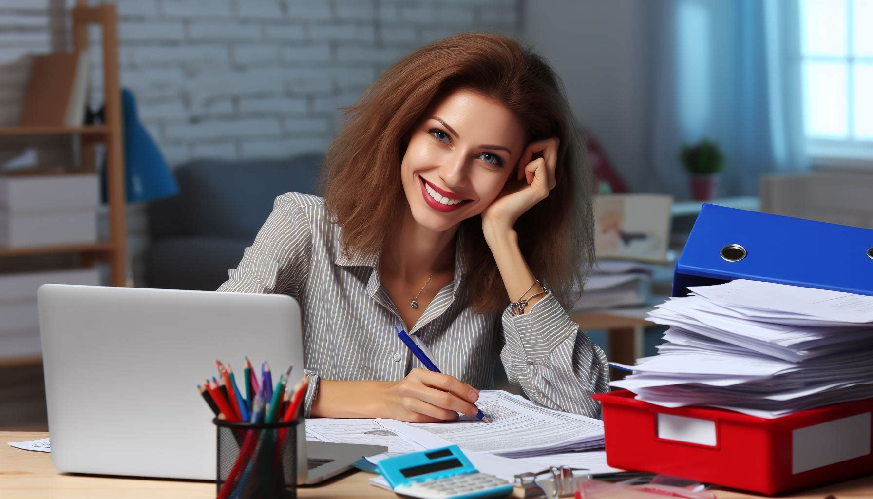 A teacher grading worksheets