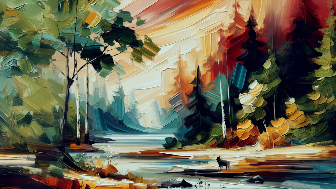 An image of an abstract painting representing a forest, with bold brushstrokes and vibrant colors