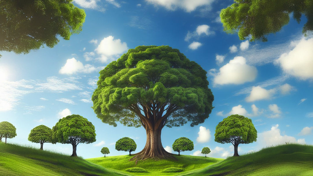 An image of a tree in a field with smaller trees on either side and a blue sky in the background with a few white clouds