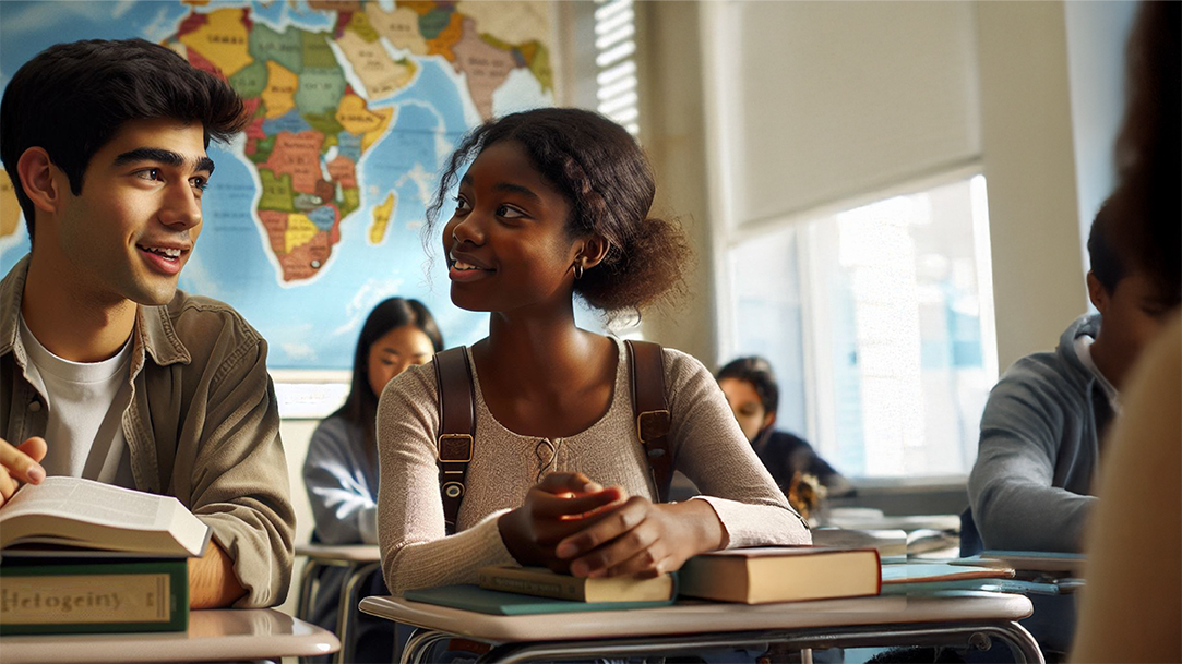 Two college students during conversation practice in a classroom with a world map in the background and books on their desks