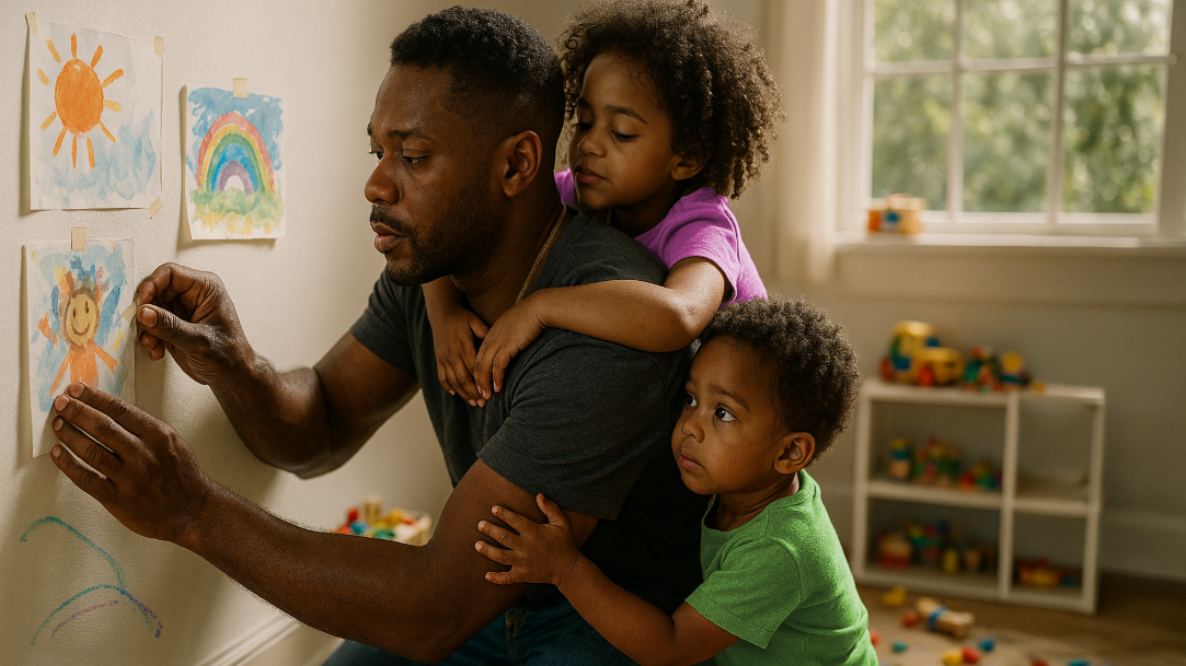 A Dad displaying his children’s art on their playroom wall