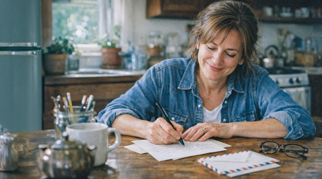 A smiling person writing a letter on paper, with air mail envelopes nearby, at the kitchen table