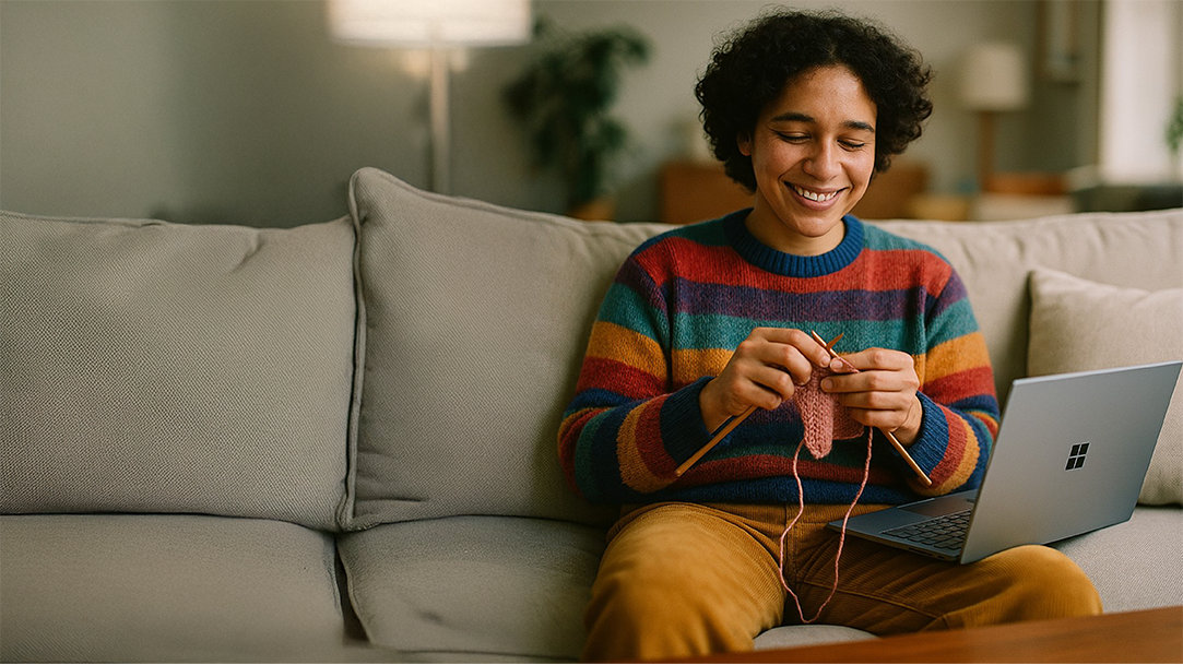 A person smiling and knitting while following a beginner-friendly knitting tutorial on their Surface Laptop