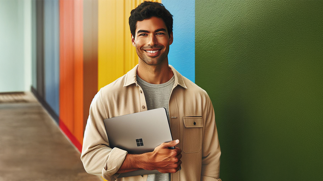 A smiling man stands in front of a brightly colored wall holding a Surface Laptop in his arm