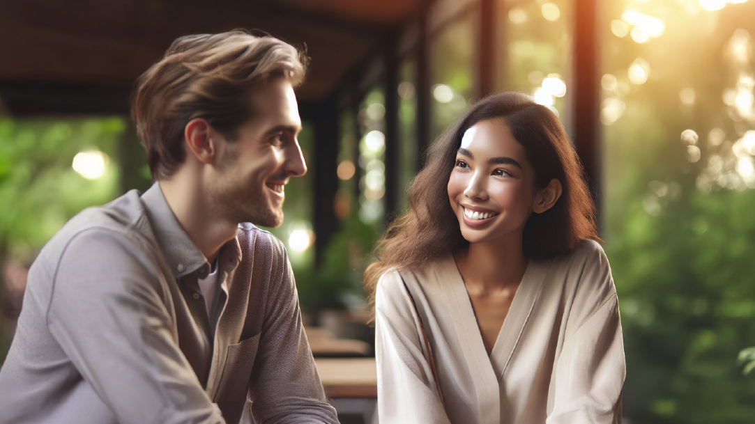 Two people smiling and talking outdoors