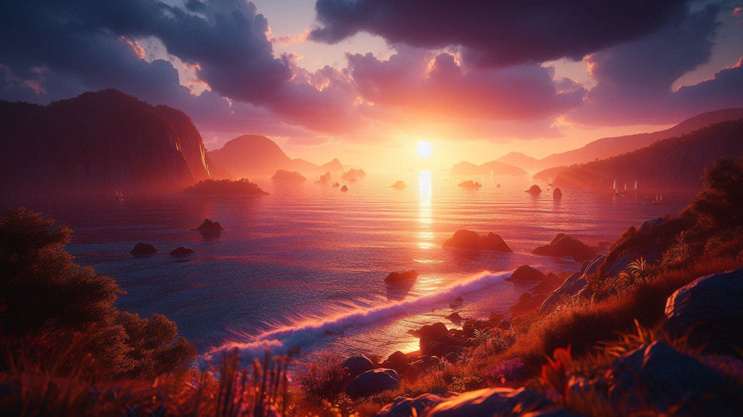 A serene sunset over a rocky seashore