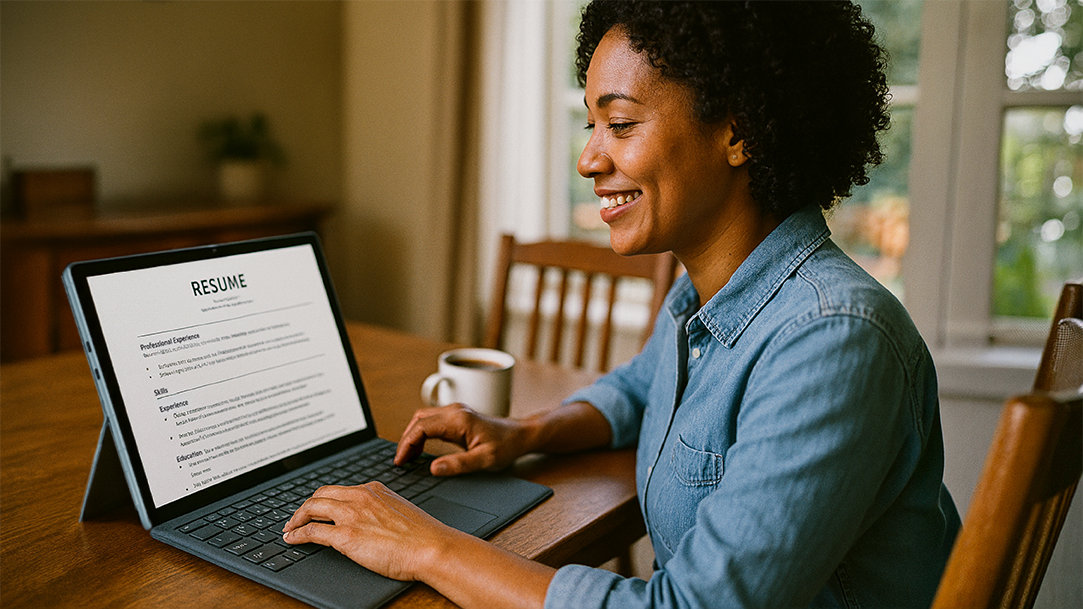 A happy person using Copilot for an AI resume rewrite on a Windows Surface Pro