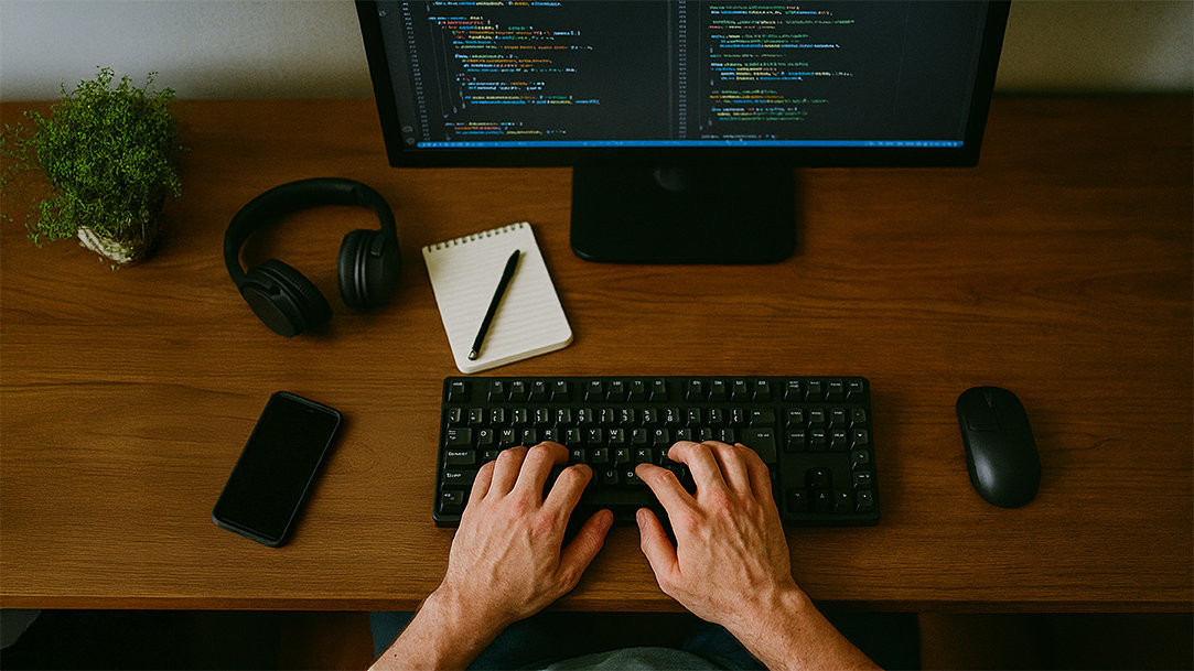 A top-down view of a person typing code on a keyboard