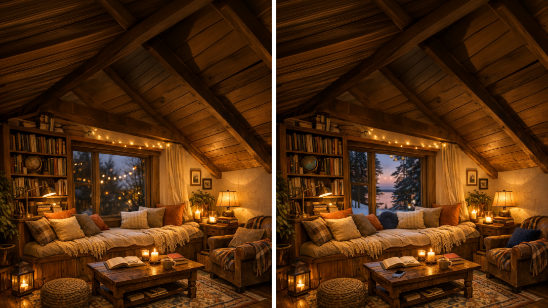 Original Copilot AI image on the left of a cozy reading nook with warm lighting, and the same image edited with Copilot on the right, with a prompt to change the view through the window and add a dark pillow
