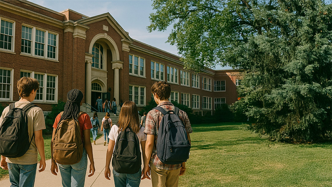 Students wearing backpacks walking into a high school after using Copilot planner to organize their schedules