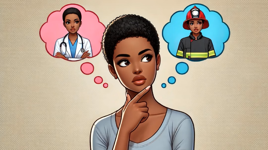 An illustration of a woman contemplating her career