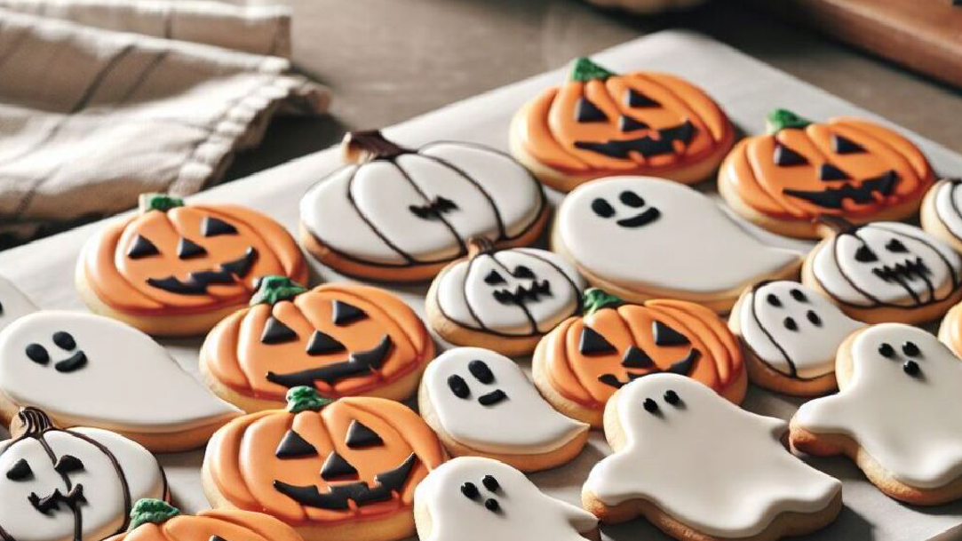A white tray of cookies shaped like ghosts and pumpkins