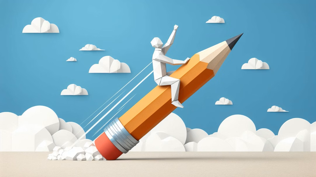 A figure riding a pencil into the sky