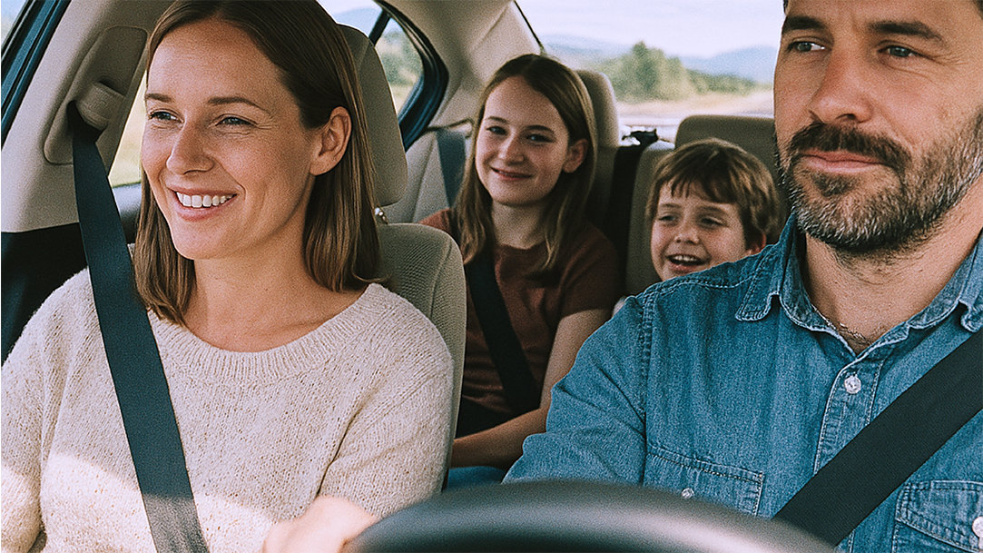 A family driving in a car on a road trip for a holiday weekend trip